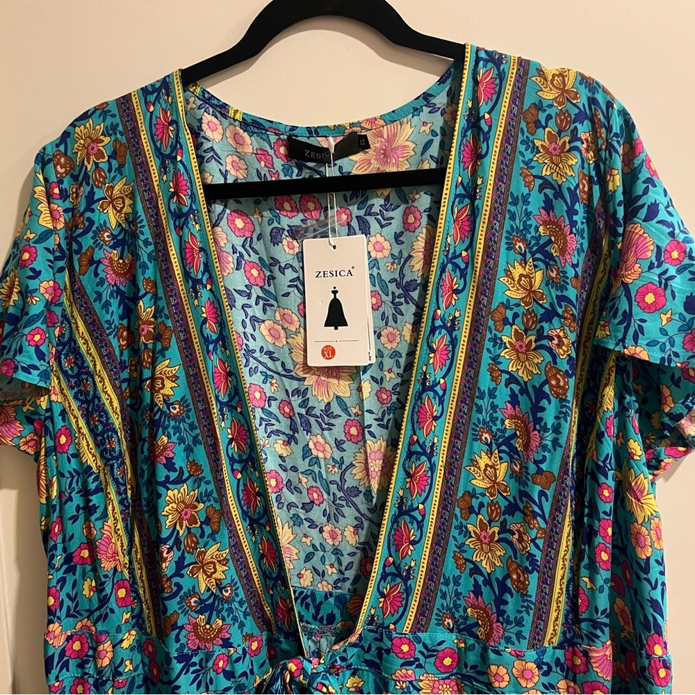 Women's Floral V-Neck duster Blue and Pink